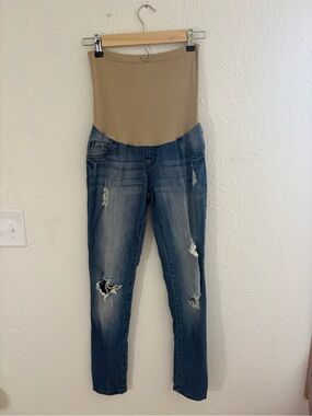 Indigo Blue Beige-Panel Distressed Maternity Jeans - XS - 0-2